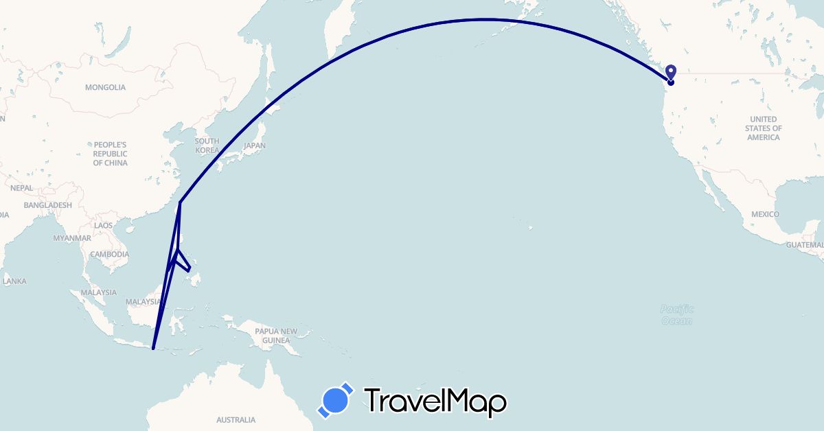 TravelMap itinerary: driving in Indonesia, Philippines, Taiwan, United States (Asia, North America)